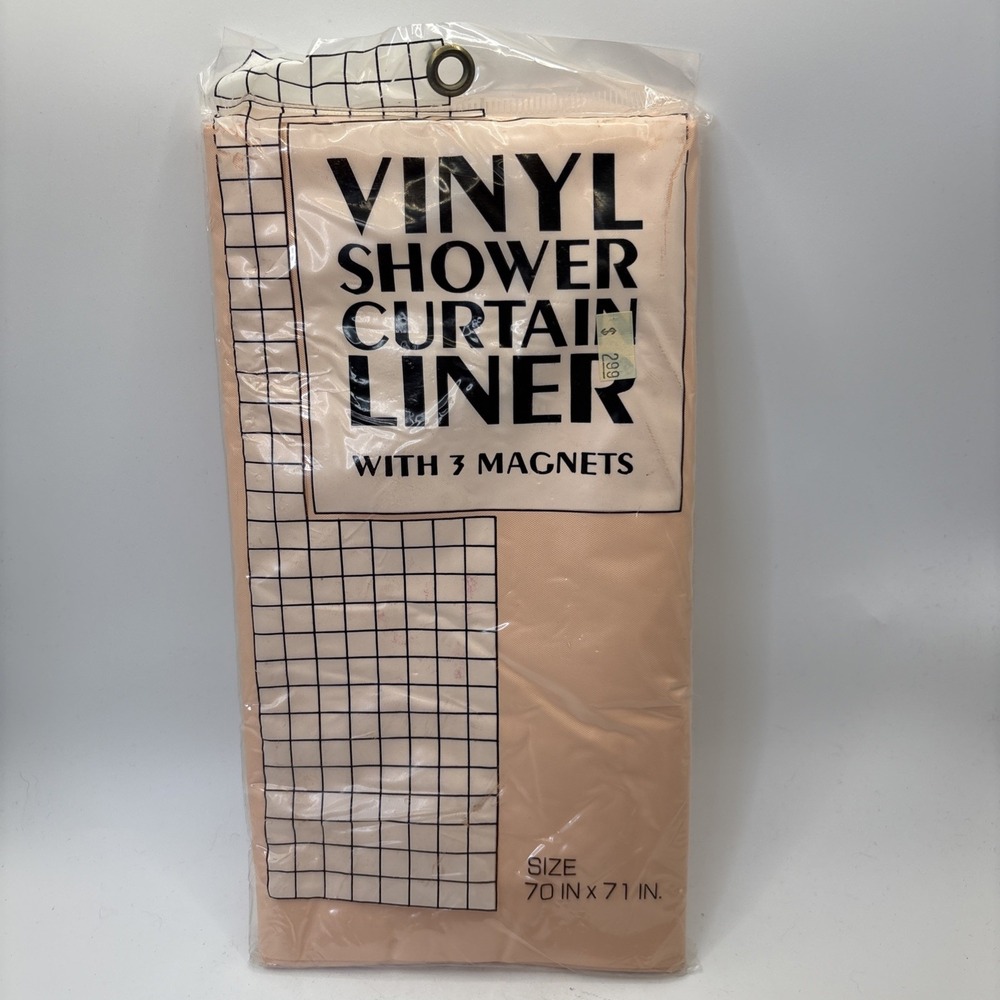 Vtg Vinyl Shower Curtain Liner W/ 3 Magnets 70x71" Peach Pink Beachy Coastal NOS